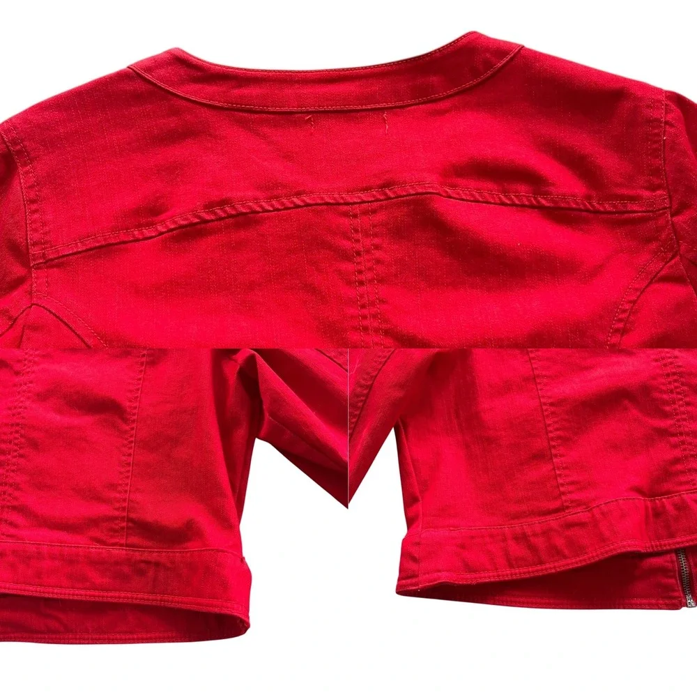 Jessica London Women 14 Red Denim Cotton Blend Full Zip Ruffle Front Jean Jacket